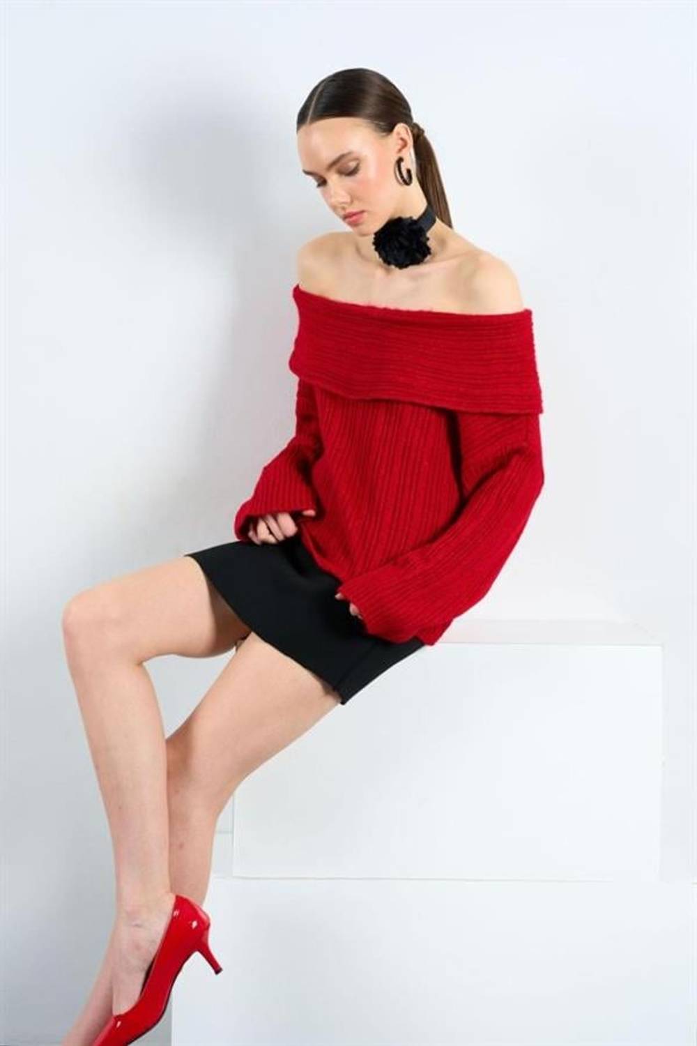 Degaje Yaka Fitilli Kazak - Kırmızı