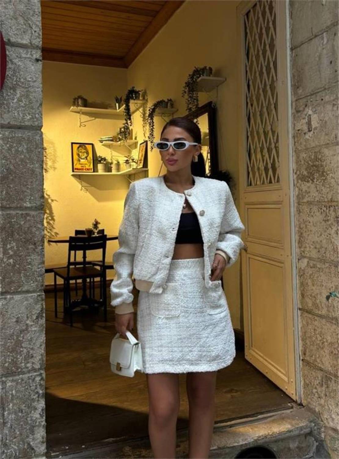 CHANEL CROP CEKET-KISA ETEK TAKIM - Beyaz