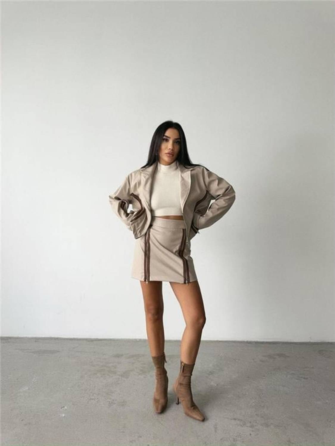 DERİ FERMUAR DETAYLI ETEK - Taş