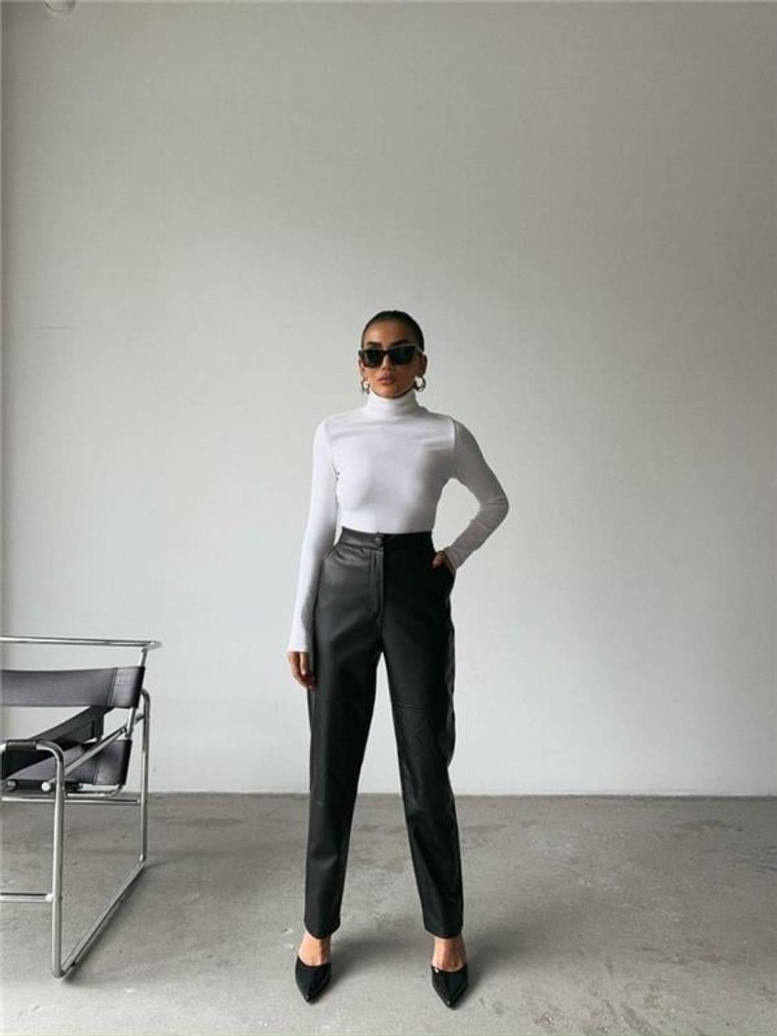 DERİ PANTOLON DİZ PARÇALI - Siyah