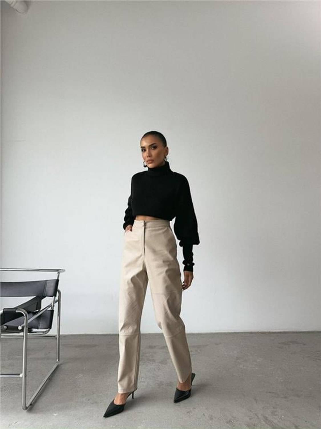 DERİ PANTOLON DİZ PARÇALI - Taş