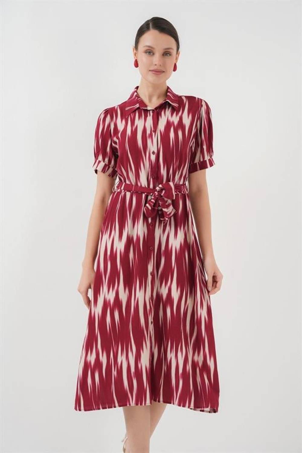 Desenli Kısa Kol Elbise 2532 - Bordo