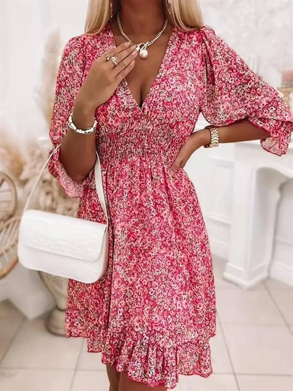 Kadın Fakir Kol Kruvaze Yakalı Beli Lastikli Çiçek Desenli Süprem Elbise