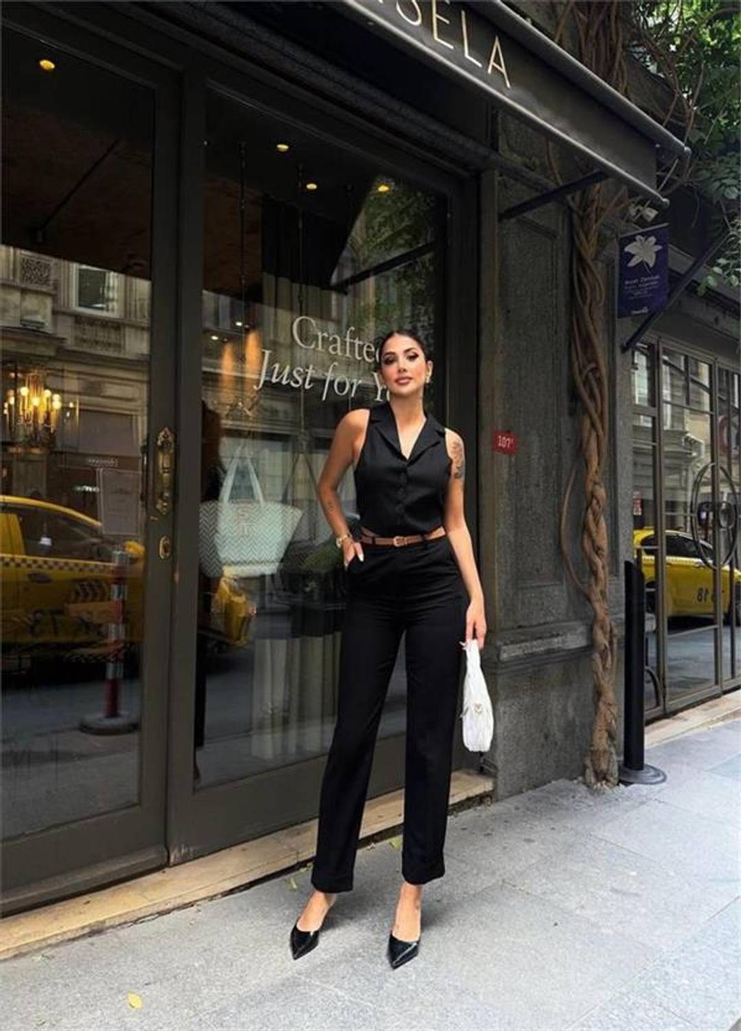 KETEN DUBLE PAÇA DERİ TABA KEMERLİ PANTOLON - Siyah