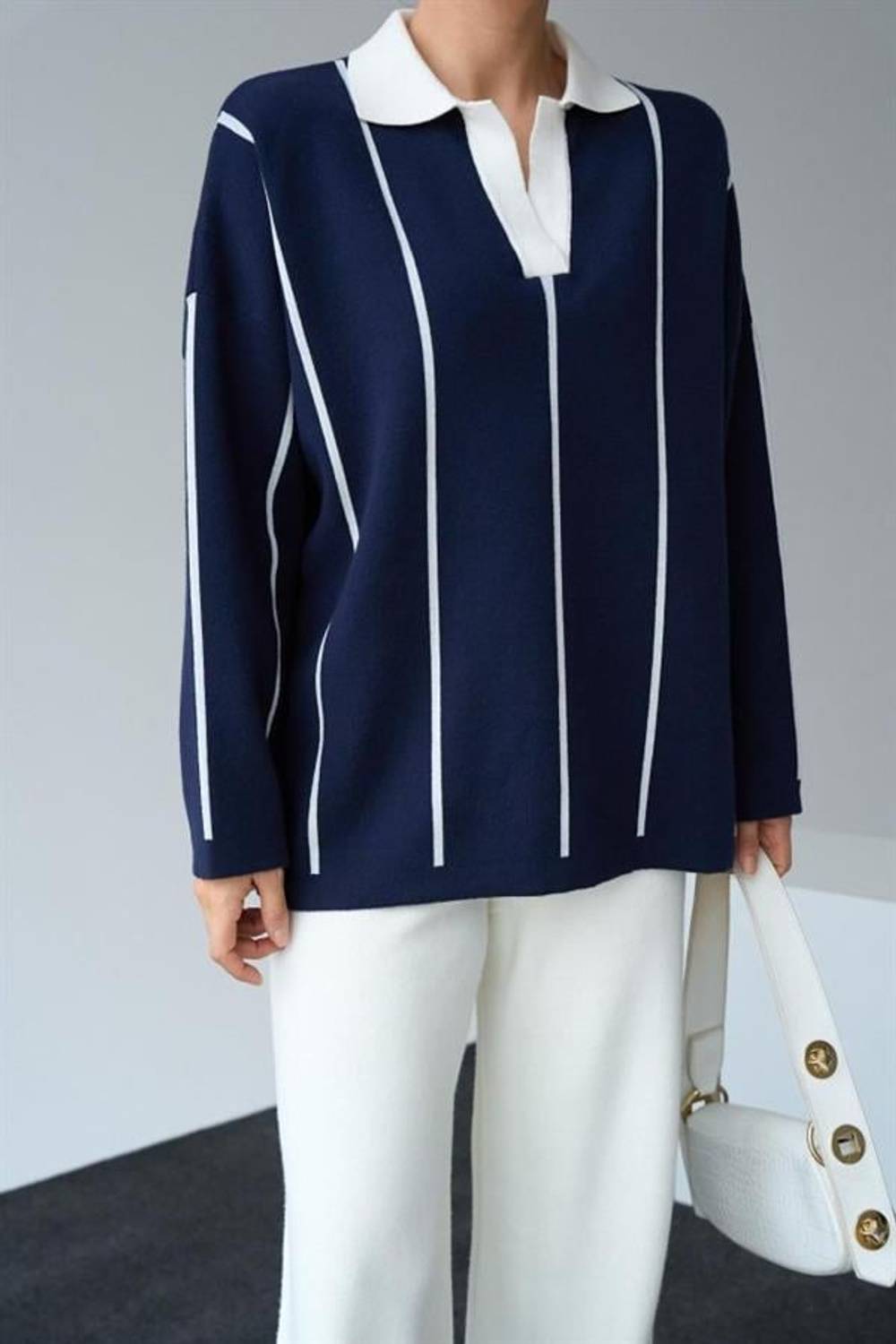 Polo Yaka Dik Çizgili Kazak - Lacivert-Kemik