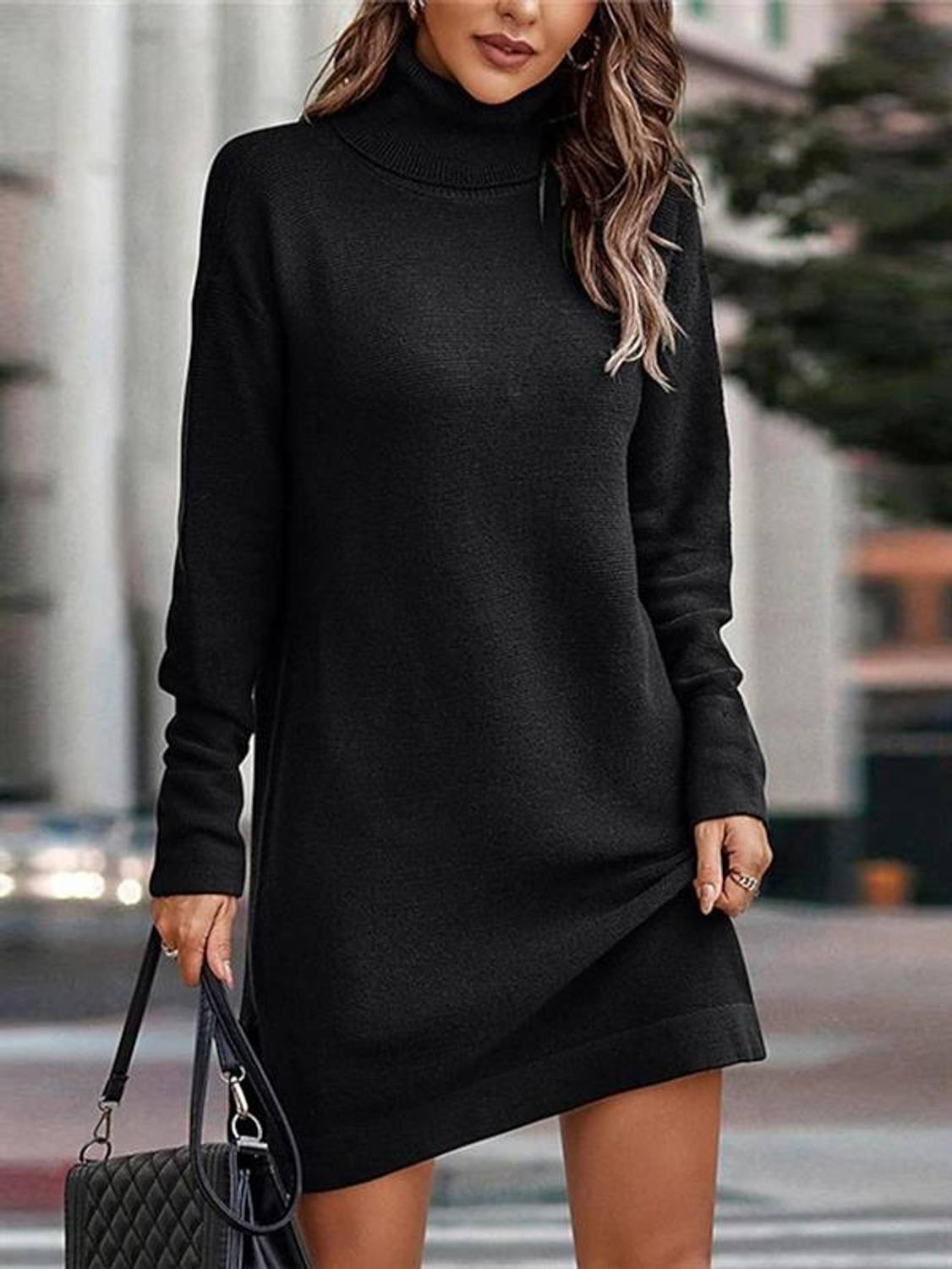 Kadın Uzun Kollu Boğazlı Yaka Yanları Yırtmaç Detay Triko Mini Boy Elbise