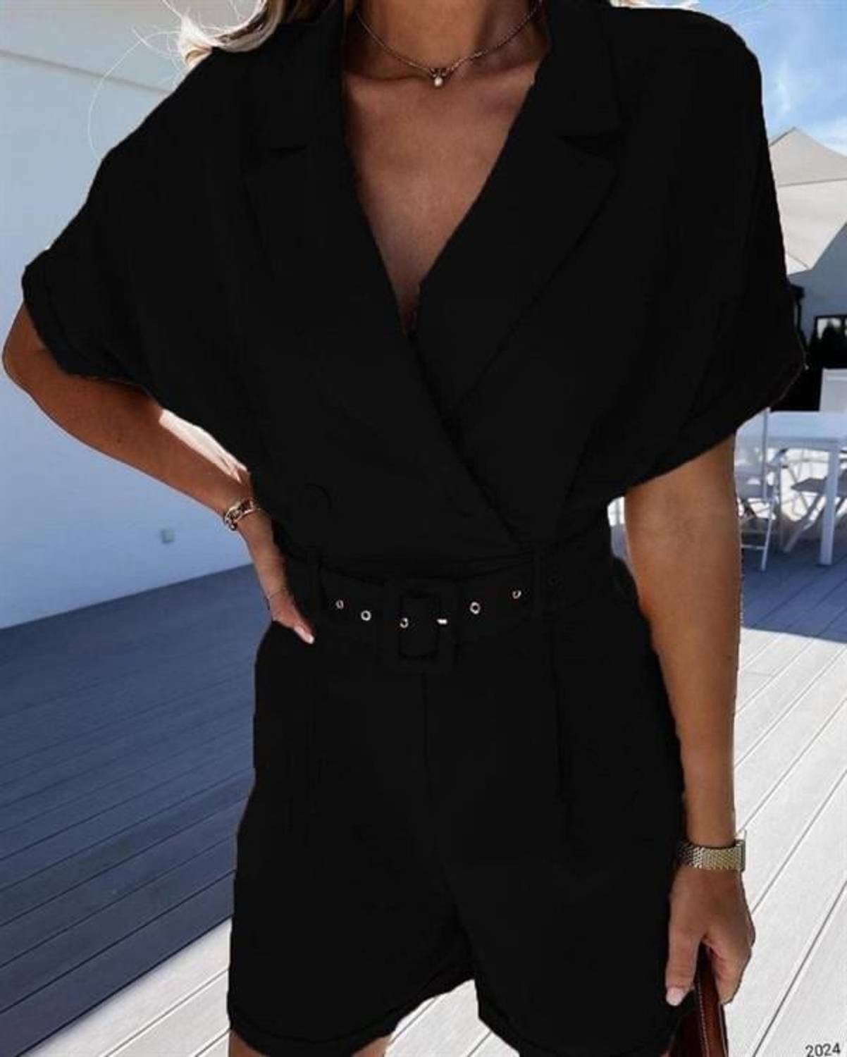 Kadın Ceket Yaka Pileli Kemer Dahil Şort Tulum