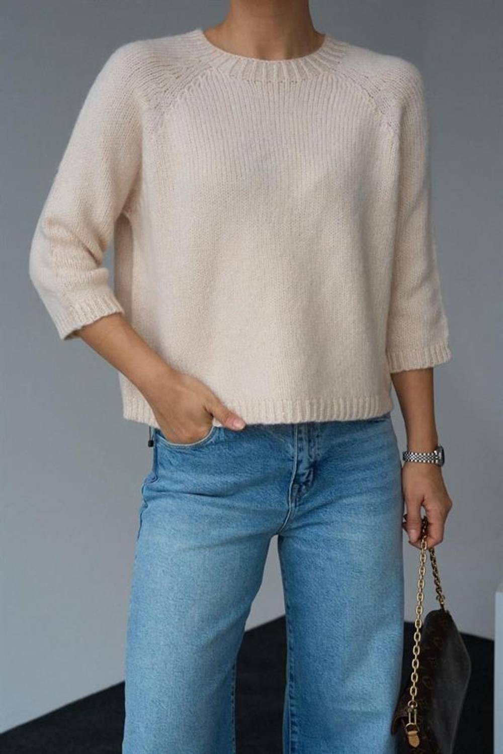 Bisiklet Yaka Reglanlı Kısa Kol Kazak - Vanilya