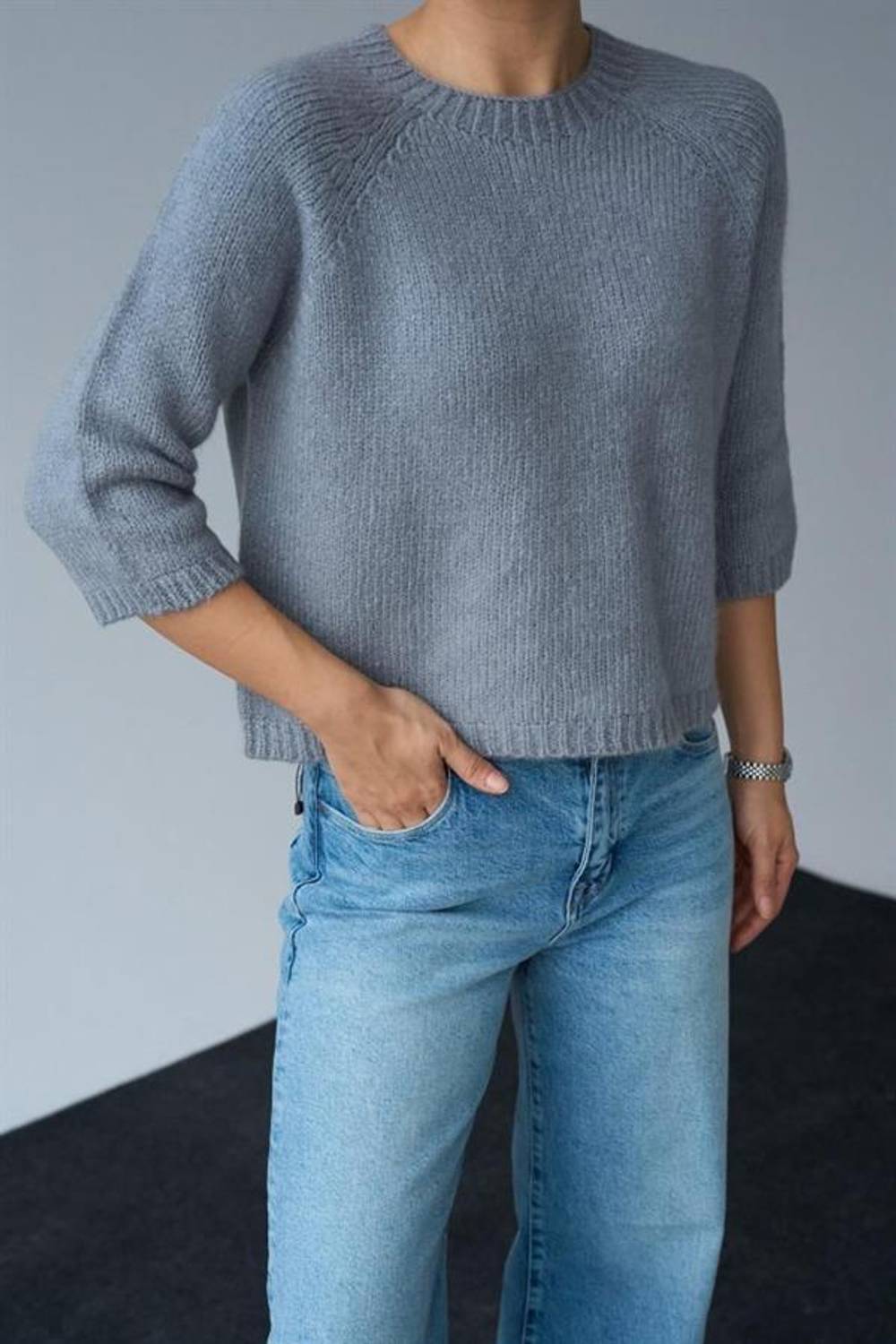 Bisiklet Yaka Reglanlı Kısa Kol Kazak - Gri