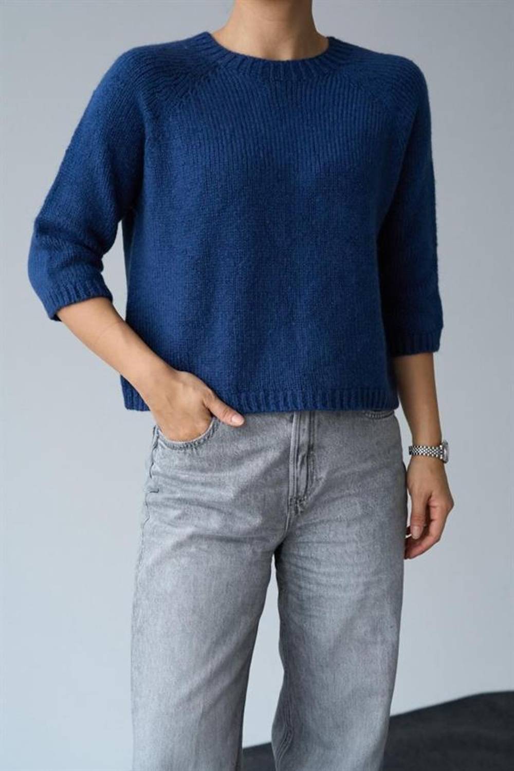 Bisiklet Yaka Reglanlı Kısa Kol Kazak - İndigo