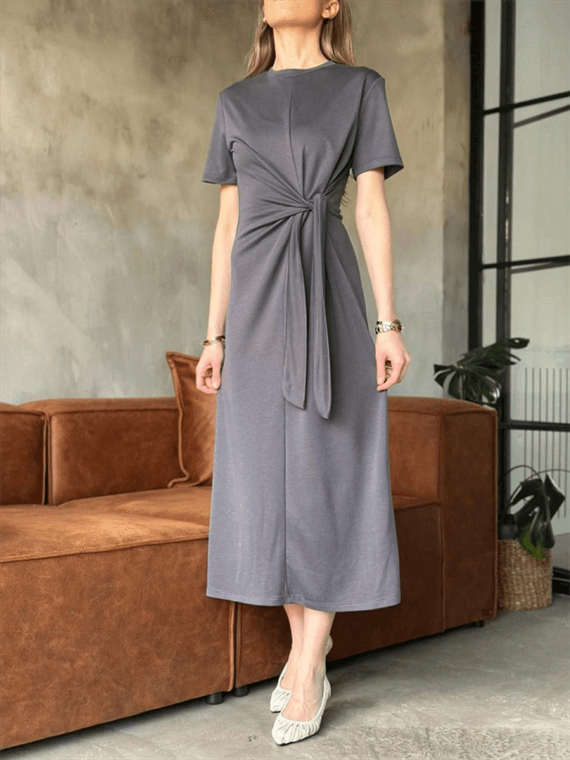 Osy Modal Yumuşak Dokulu Kumaş Yandan Bağlamalı Elbise - Gri