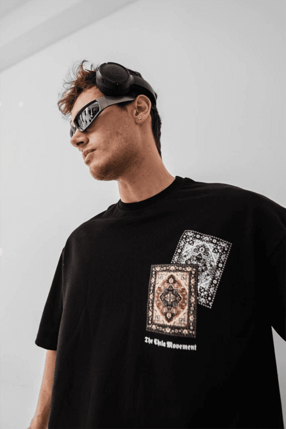 Erkek Baskılı Oversize T-Shirt - Siyah