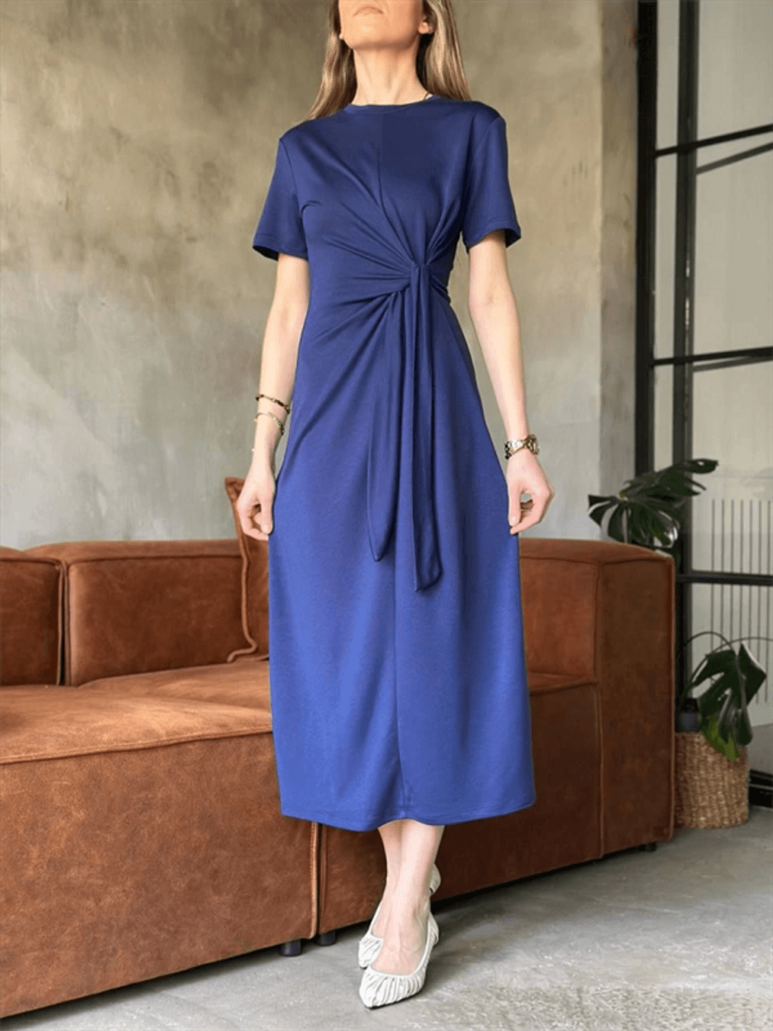 Osy Modal Yumuşak Dokulu Kumaş Yandan Bağlamalı Elbise - Lacivert