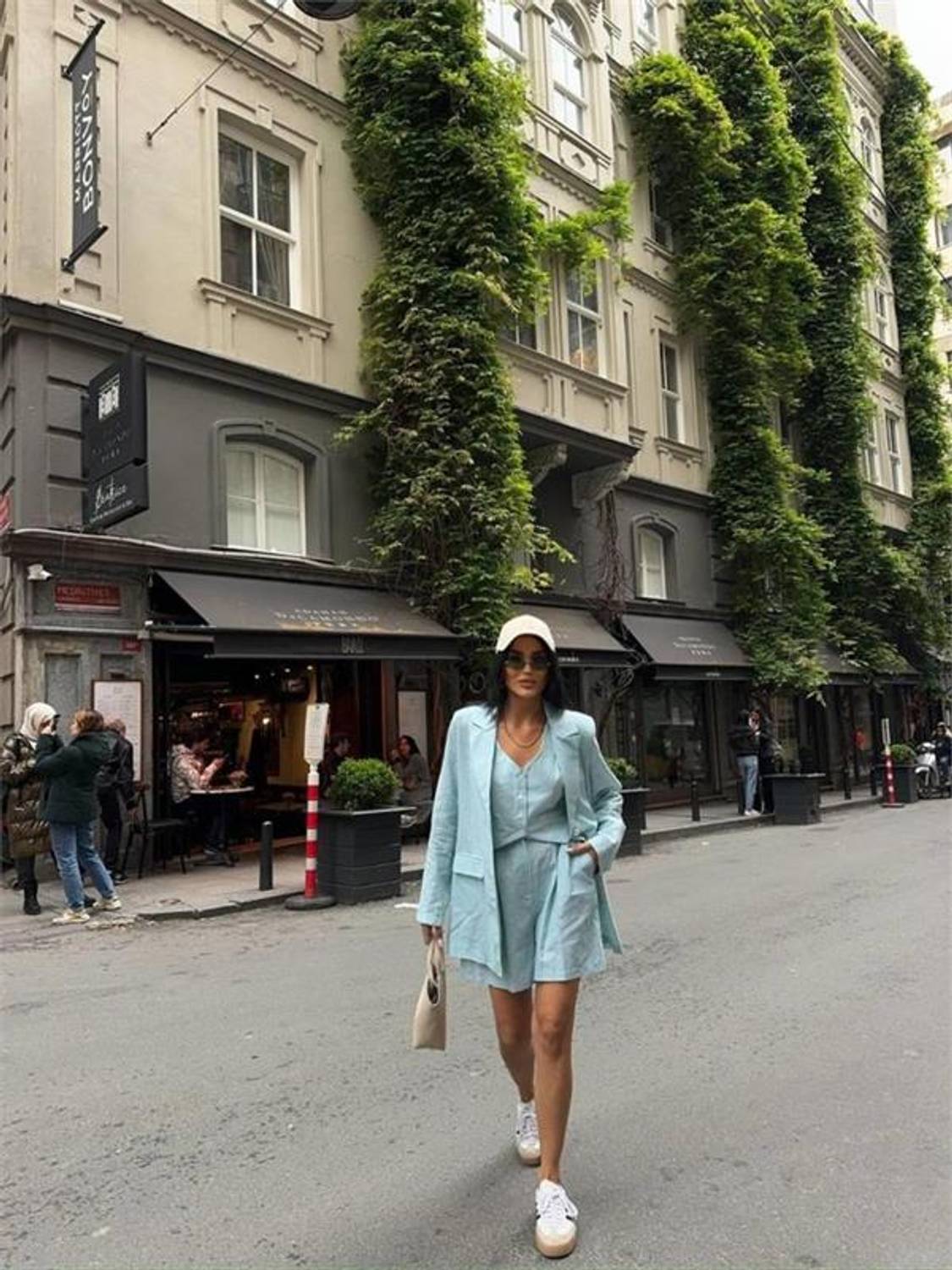 ÇİZGİLİ KETEN CEKET YELEK ŞORT TK - Yeşil