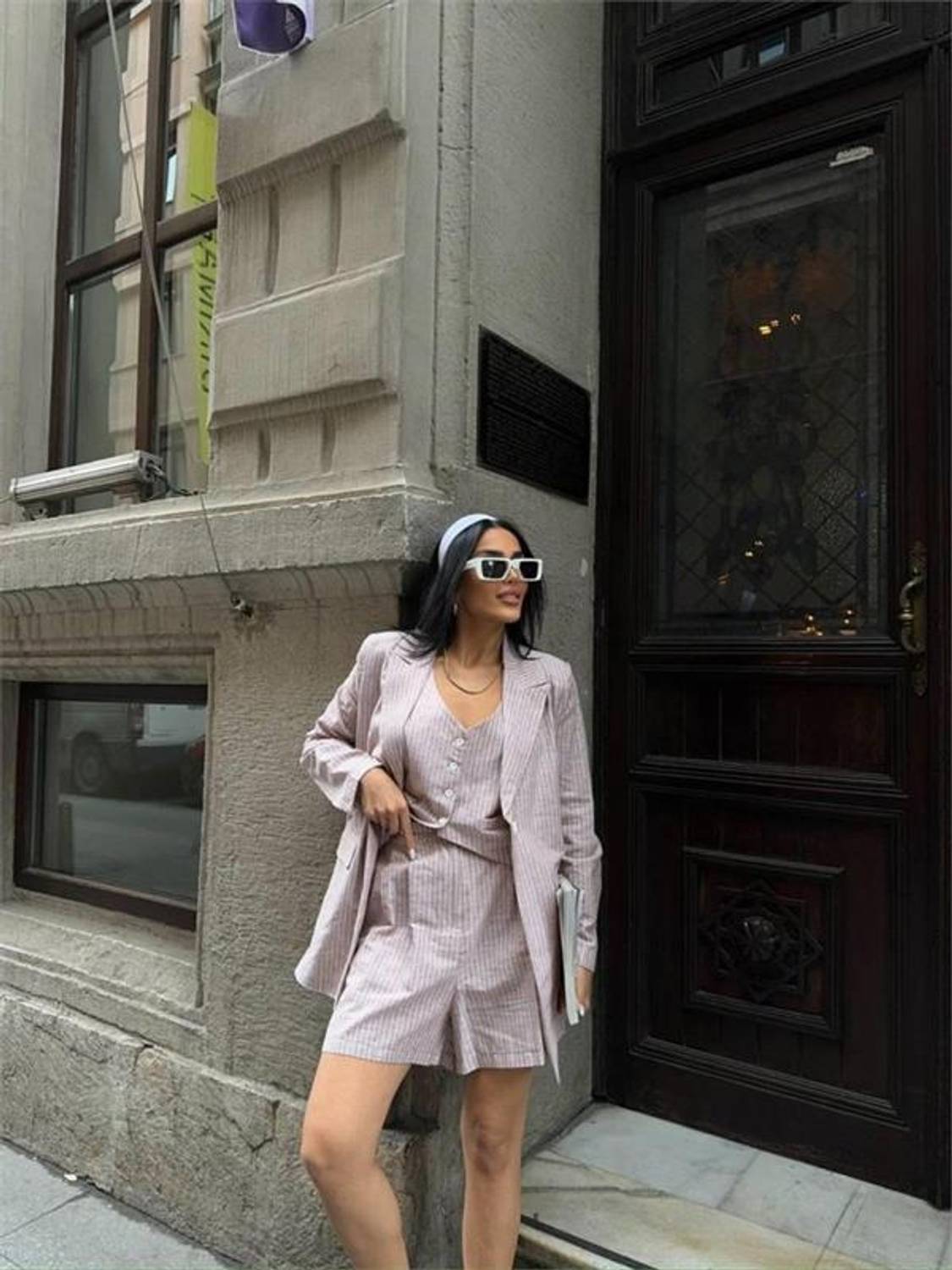 ÇİZGİLİ KETEN CEKET YELEK ŞORT TK - Kahverengi