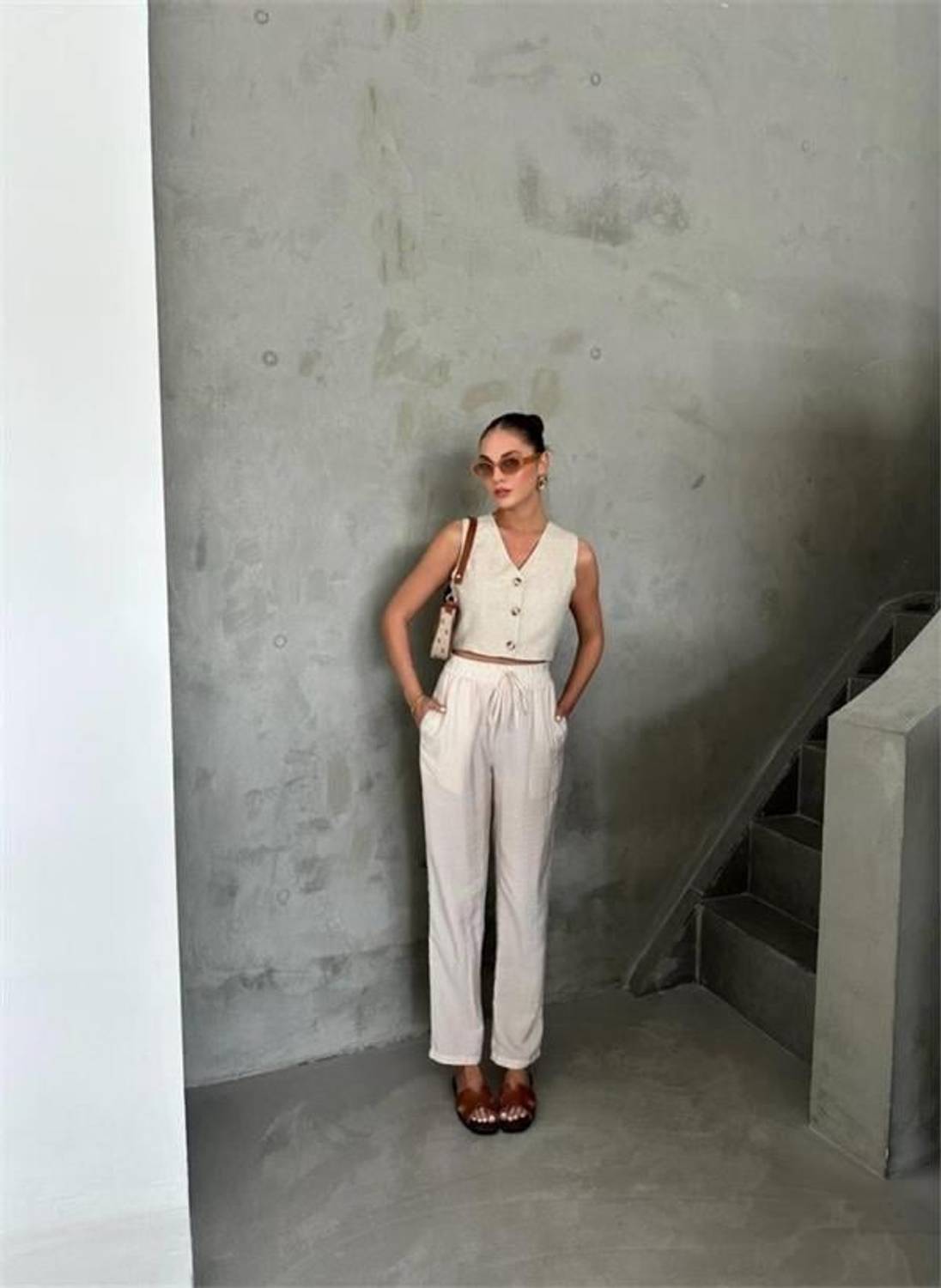 BEL LASTİK DETAYLI MODAL KUMAŞ PANTOLON - Bej