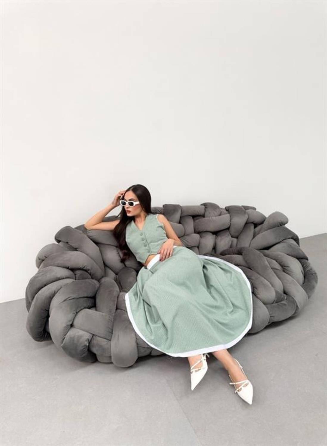 Gi̇o Çi̇zgi̇li̇ Garni̇li̇ Mi̇di̇ Etek Yelek Takim