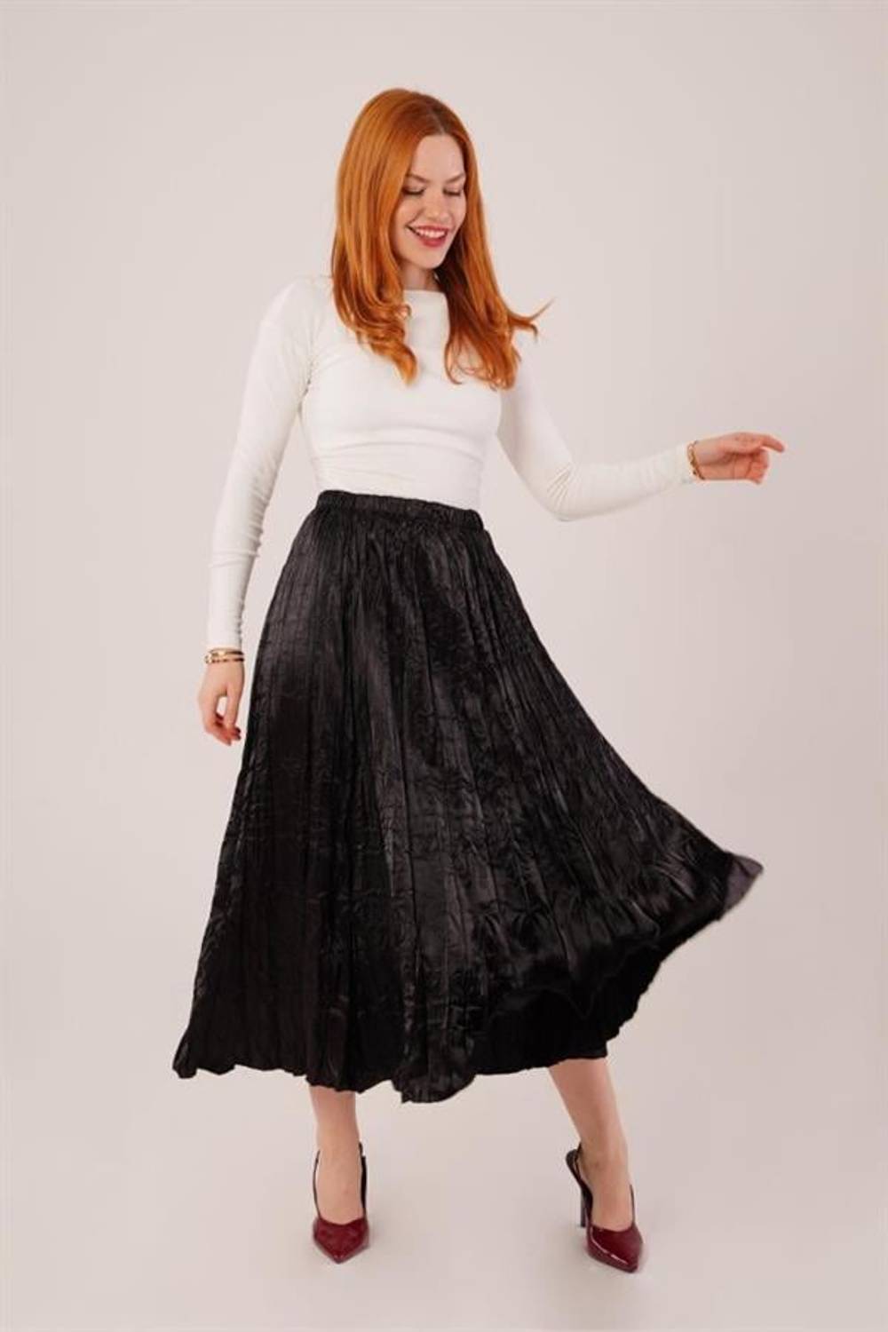 Midi Boy Pileli Saten Siyah Etek