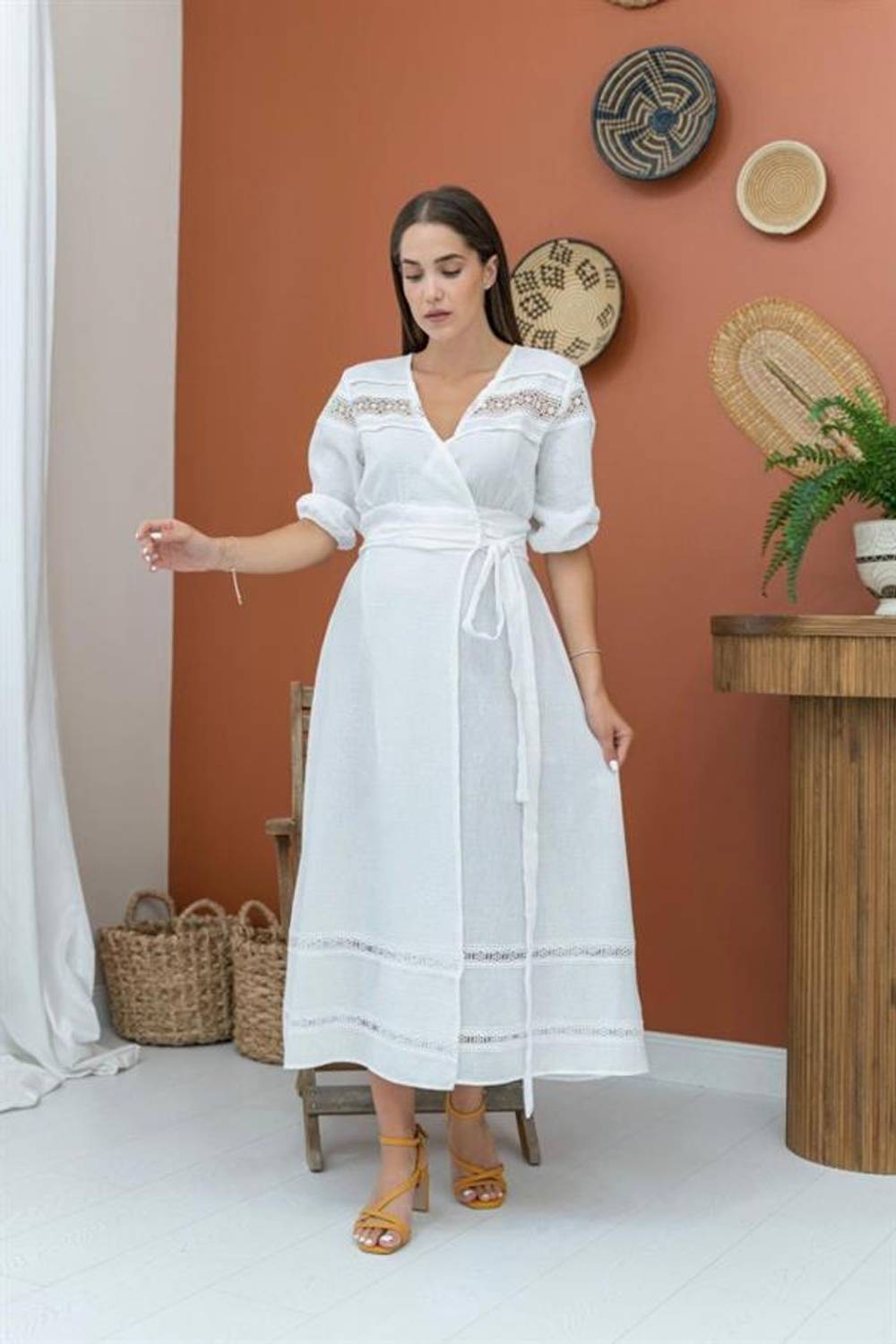 Ekru Dantel Detay Keten Elbise