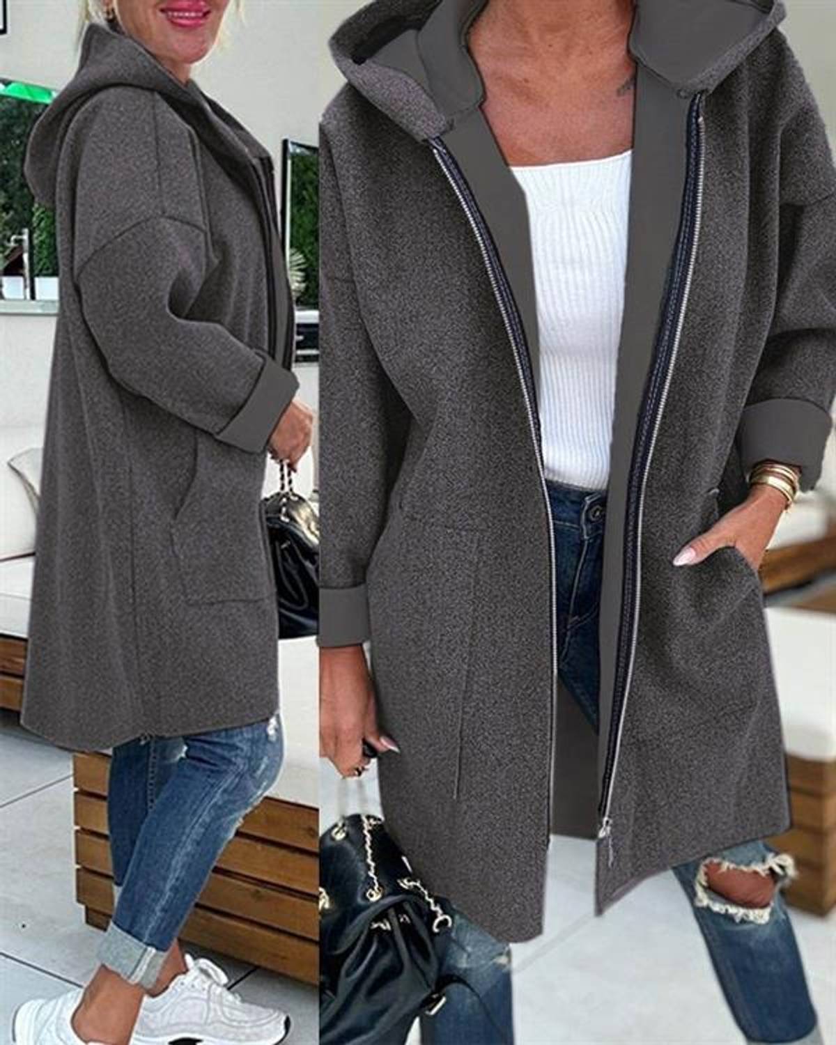 Kadın Uzun Kollu Kapşonlu Fermuar Detaylı Cepli Uzun Üç Iplik Ceket