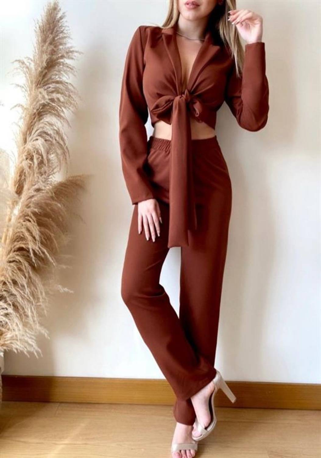 Kadın Vatkalı Bağlamalı Bluz Pantolon Alt Ikili Takım