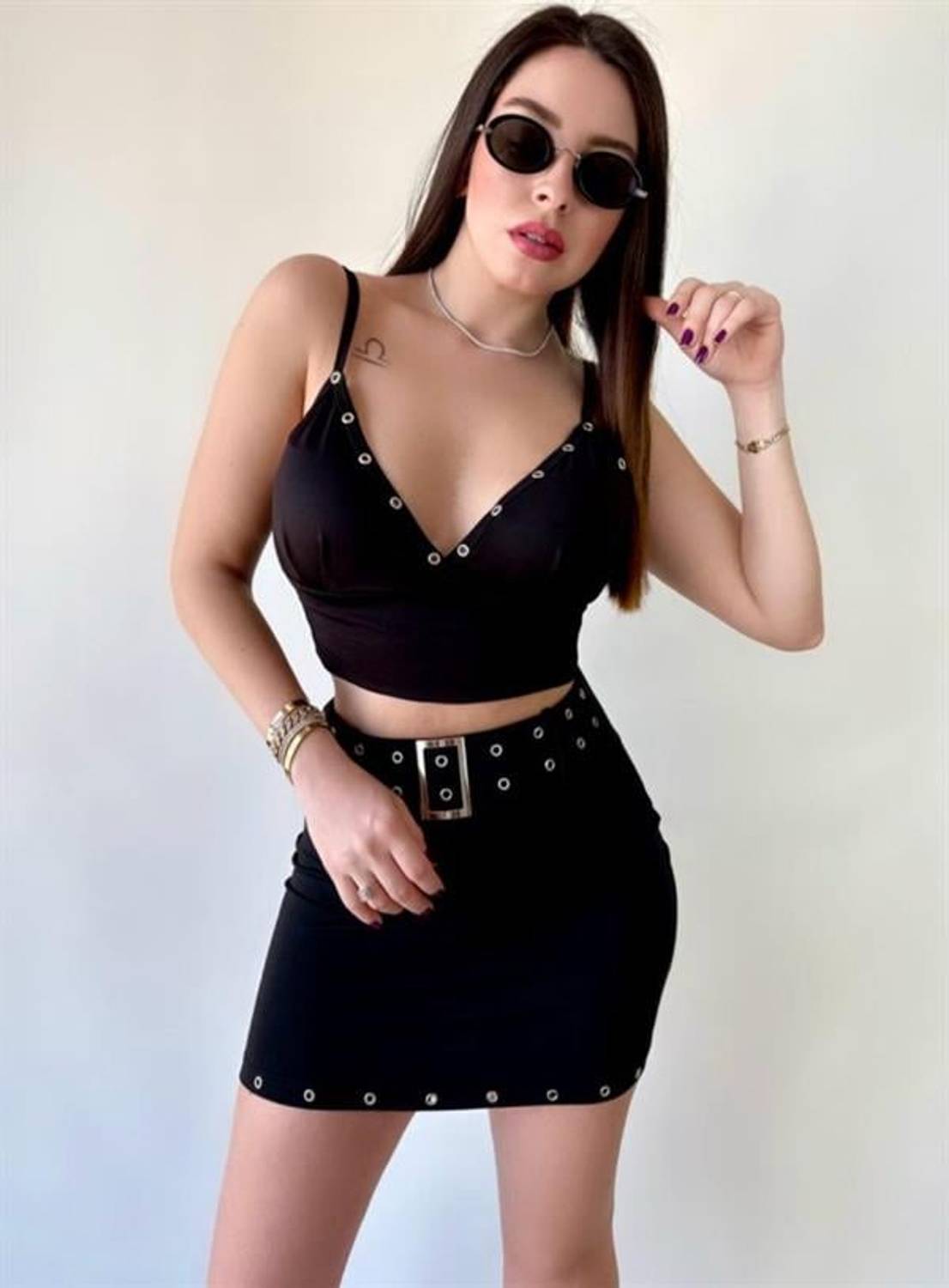 Kadın Kuşgözü Detaylı Crop Etek Takım