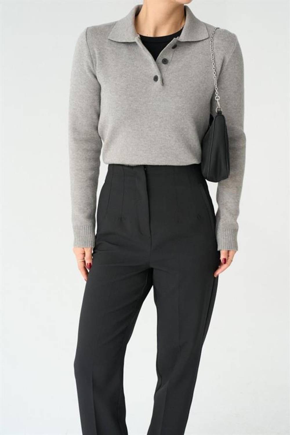 Polo Yaka 3 Düğmeli Kazak - Orta Gri