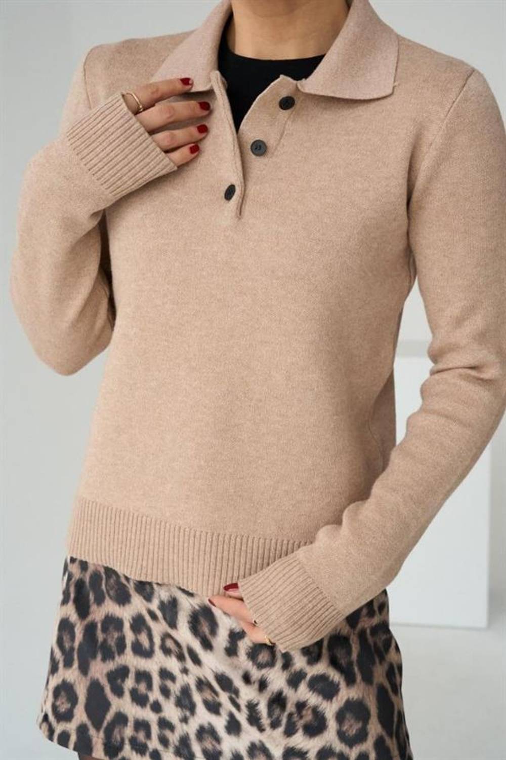 Polo Yaka 3 Düğmeli Kazak - Camel