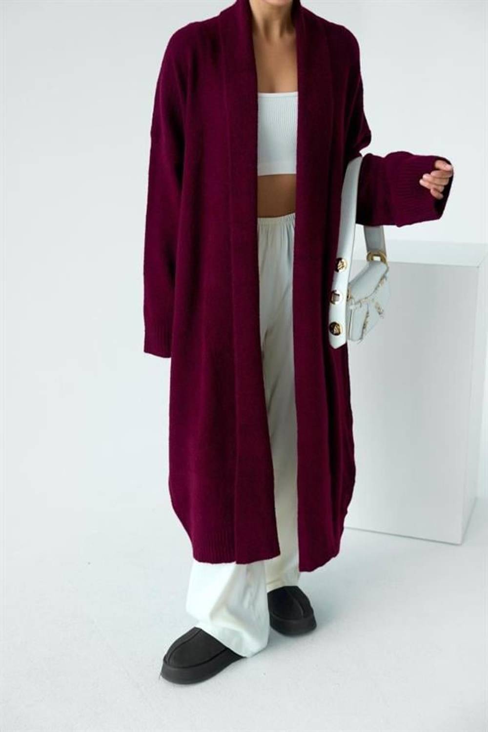 Önü Açık Şal Yaka Hırka - Bordo