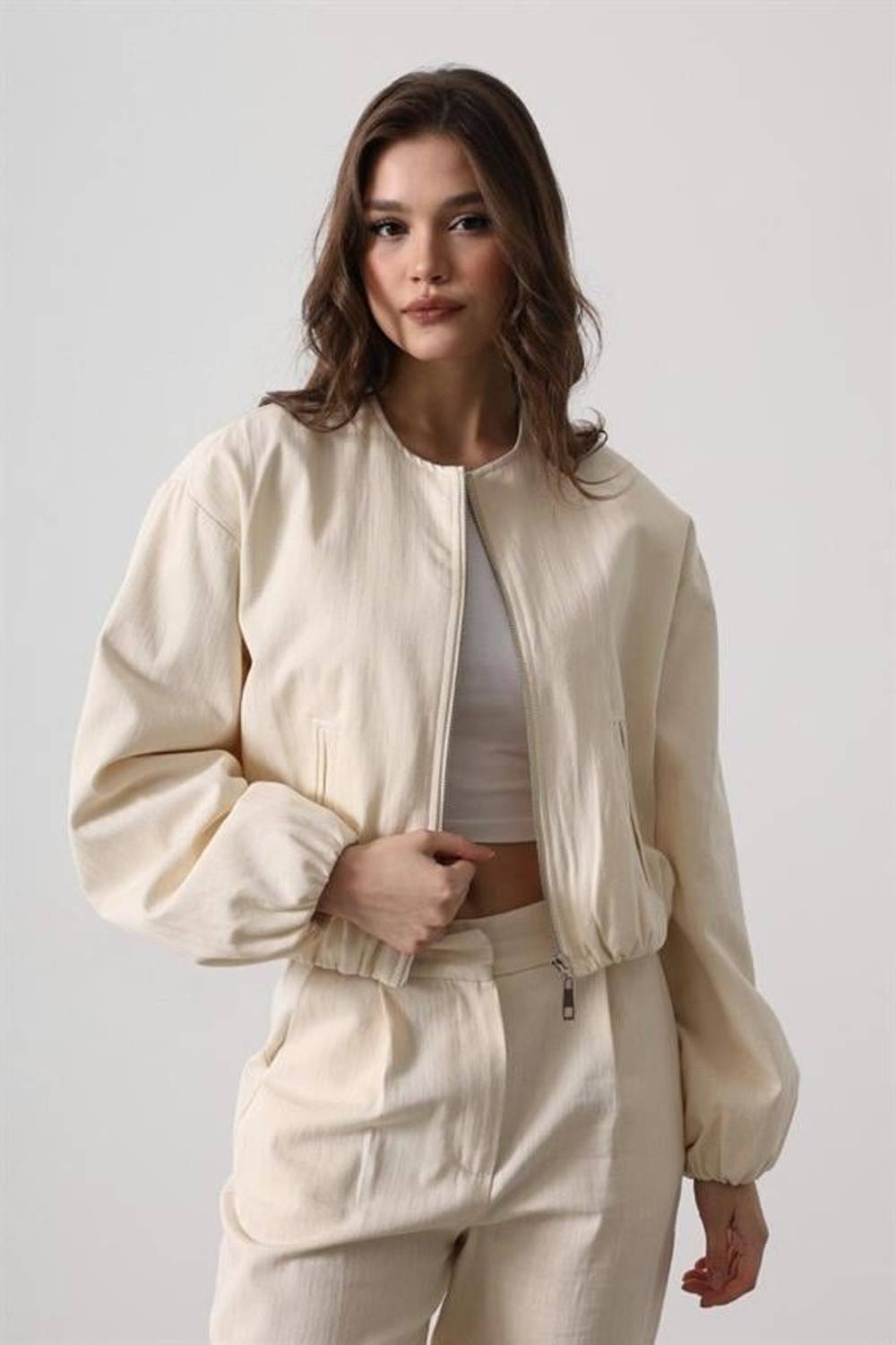 Balıksırtı Bomber Ceket - Krem