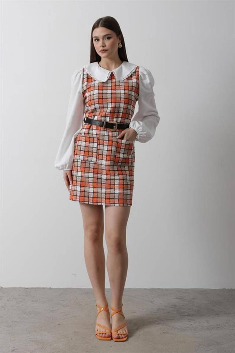 Ekoseli Gömlek Detaylı Elbise - Oranj