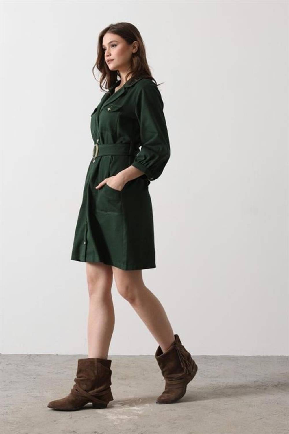 Kemer Detaylı Gabardin Elbise - Haki