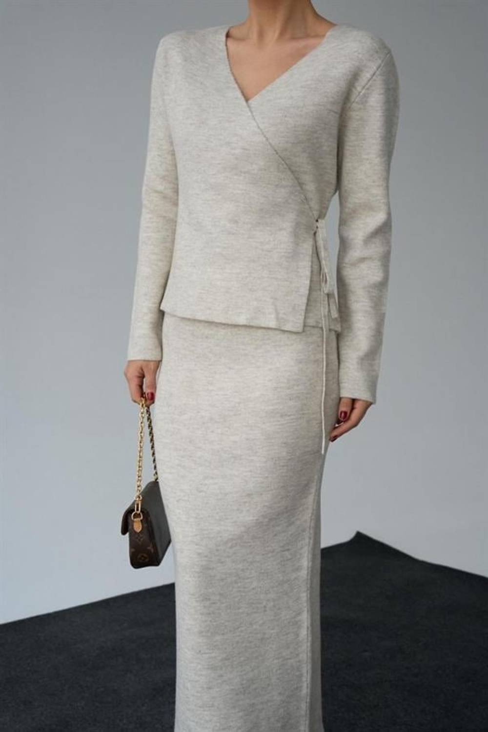 Yandan Bağlamalı Etekli Takım - Açık Bej