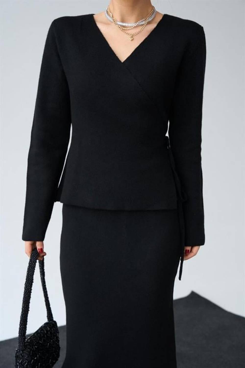 Yandan Bağlamalı Etekli Takım - Siyah