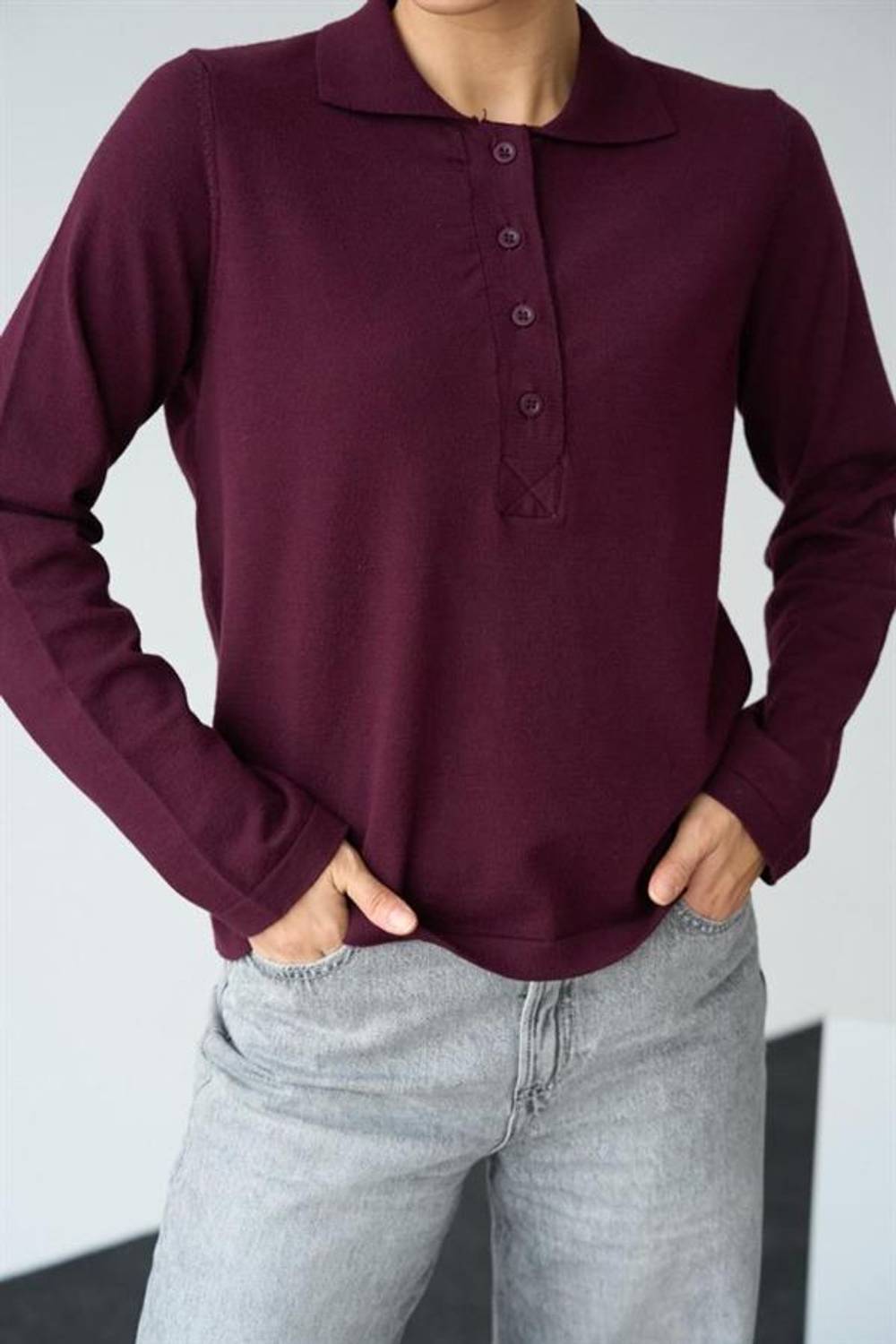 Önü 4 Düğme Polo Yaka Kazak - Bordo