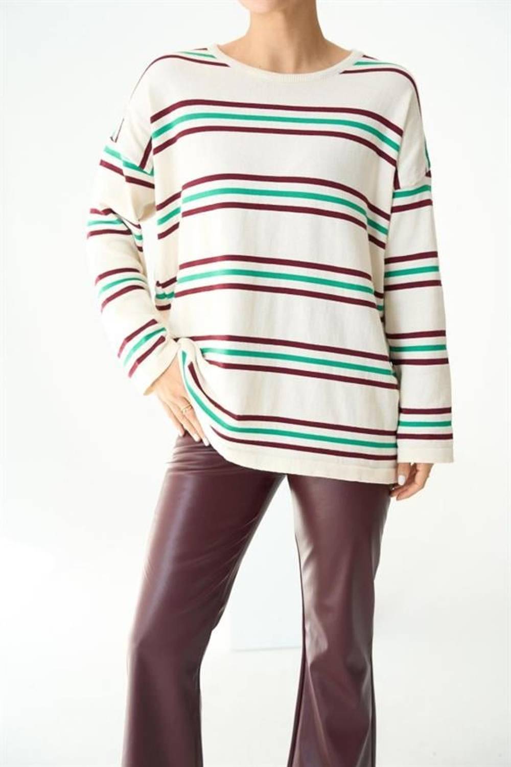 Çizgili Triko Kazak - Ekru-Bordo