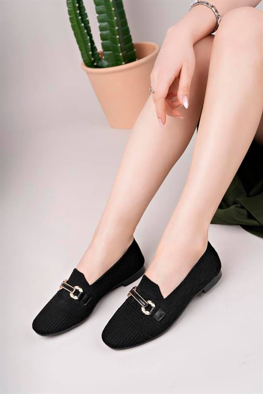 Aymood Tokalı Triko Babet Siyah Kadın Örme Babet Ayakkabı Kadın Ayakkabı Günlük Ayakkabı