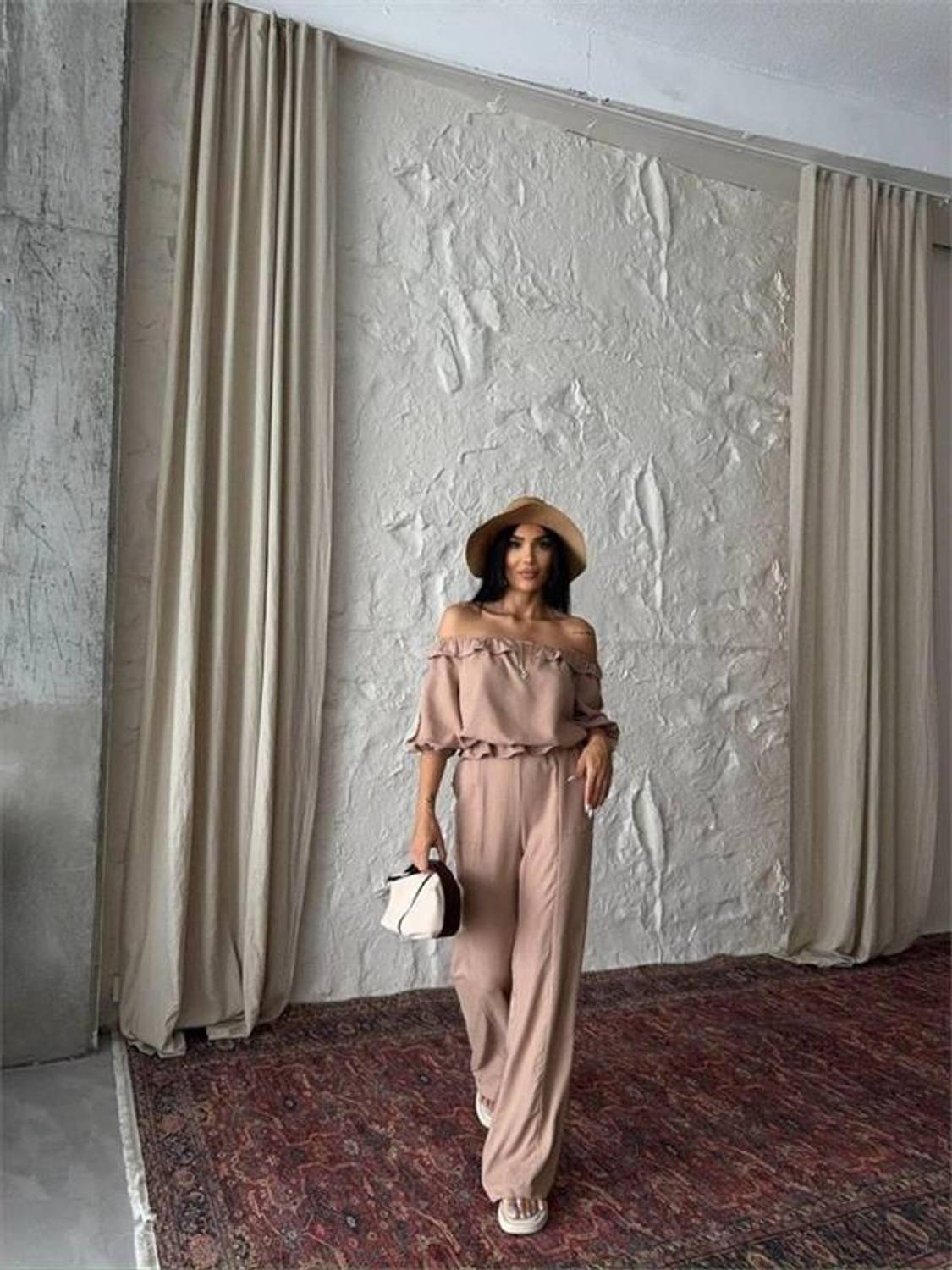 KETEN MADONNA YAKA KOL HASIR ŞERİT - PANTOLON TAKIM - Kahverengi