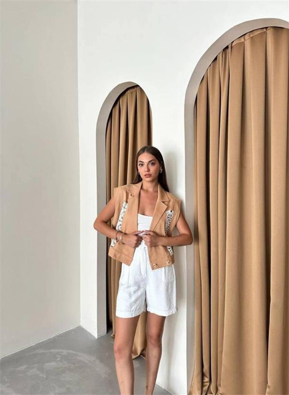 GABARDİN YELEK DANTEL DETAYLI - Kahverengi