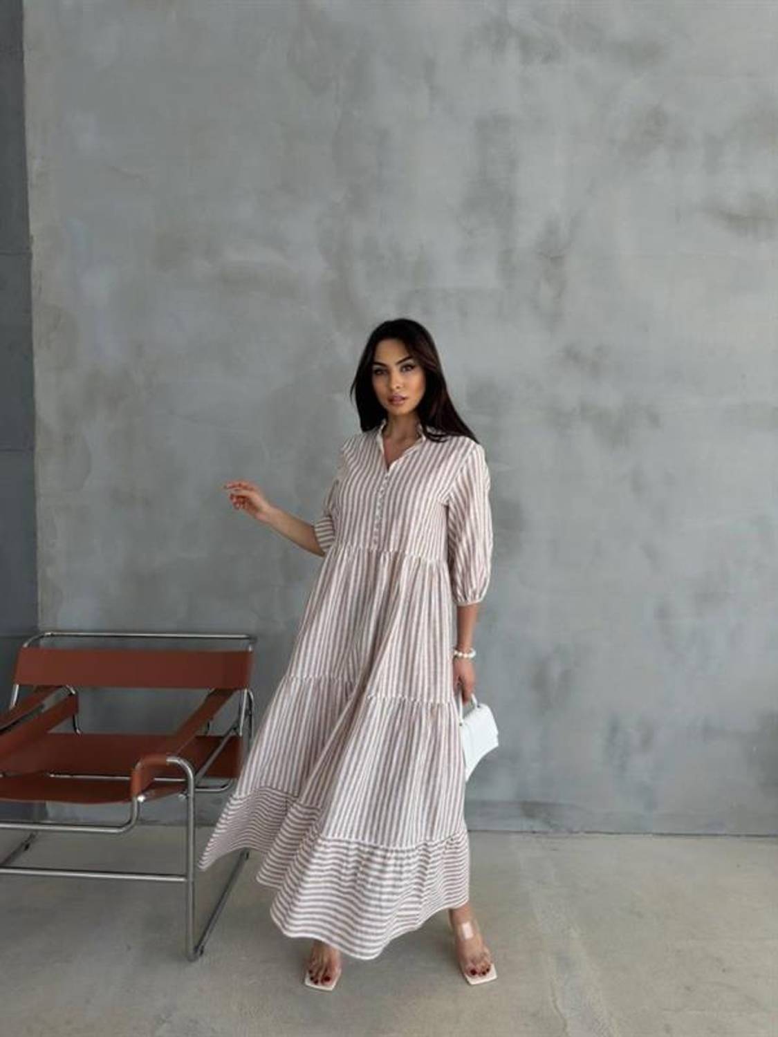 ÇİZGİLİ KETEN HAKİM YAKA DÜĞMELİ SALAŞ ELBİSE - Kahverengi