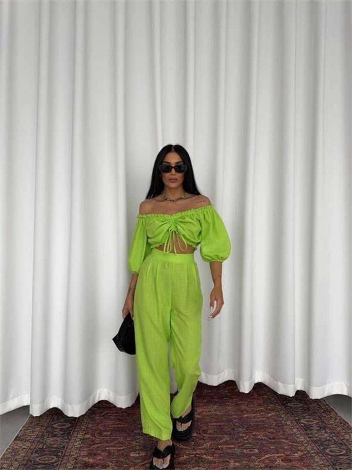 KETEN CROP BLUZ BÜZGÜ YAKA + PANTOLON TAKIM - Yeşil