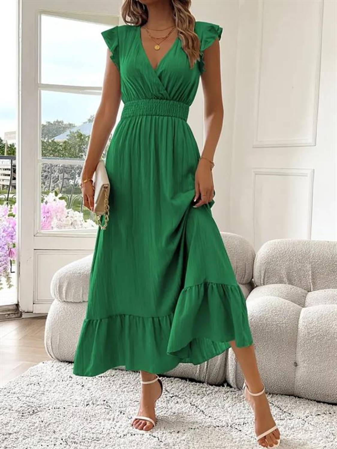 Kadın Kısa Kollu Kruvaze Yakalı Beli Lastikli Müslim Elbise