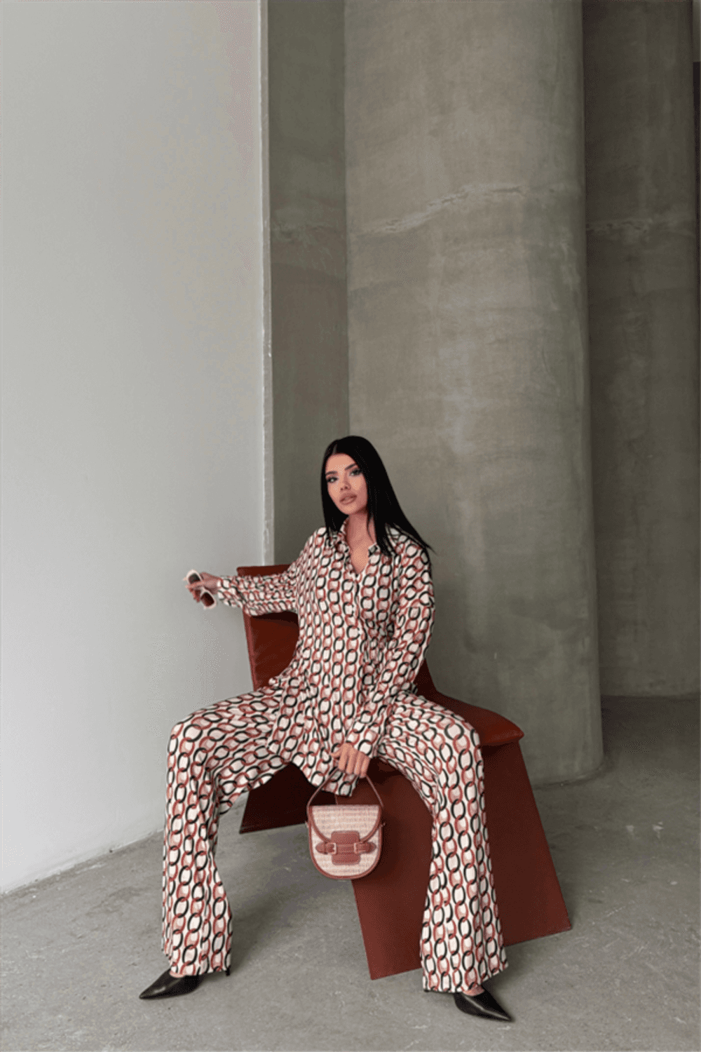 SANDY GÖMLEK-PANTOLON TAKIM ZİNCİR DESENLİ - Bej