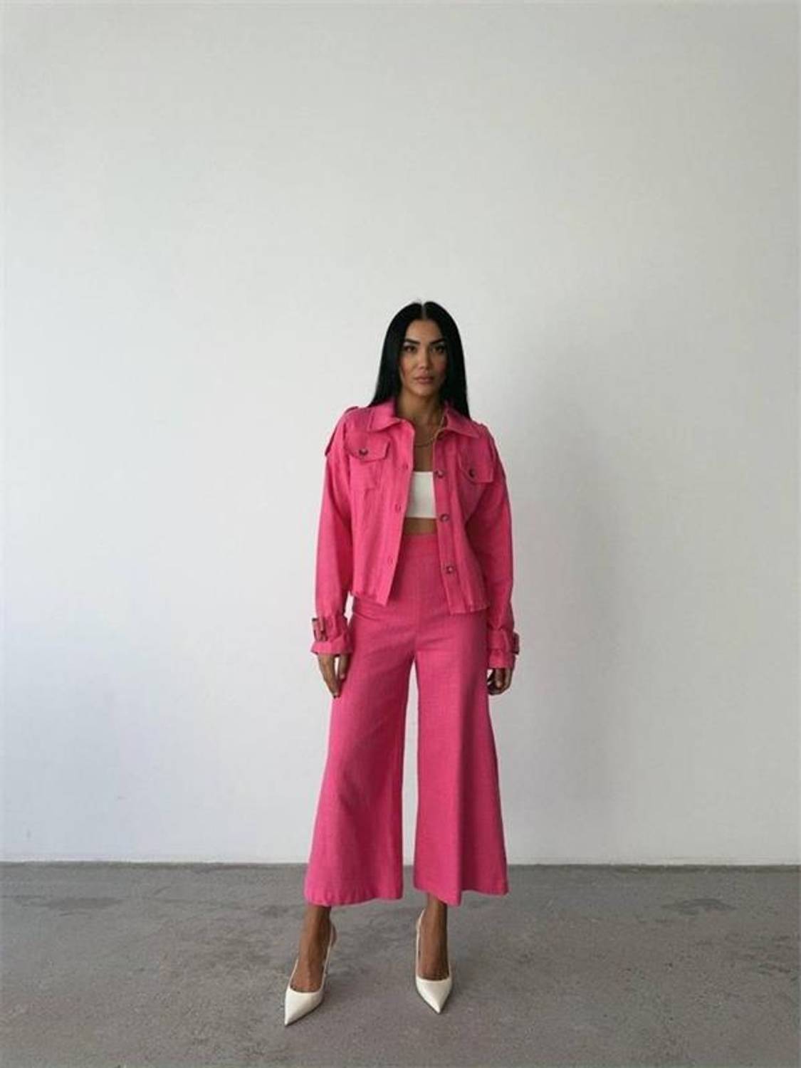 KETEN PÜSKÜL DETAYLI GÖMLEK-PANTOLON TAKIM - Fuşya