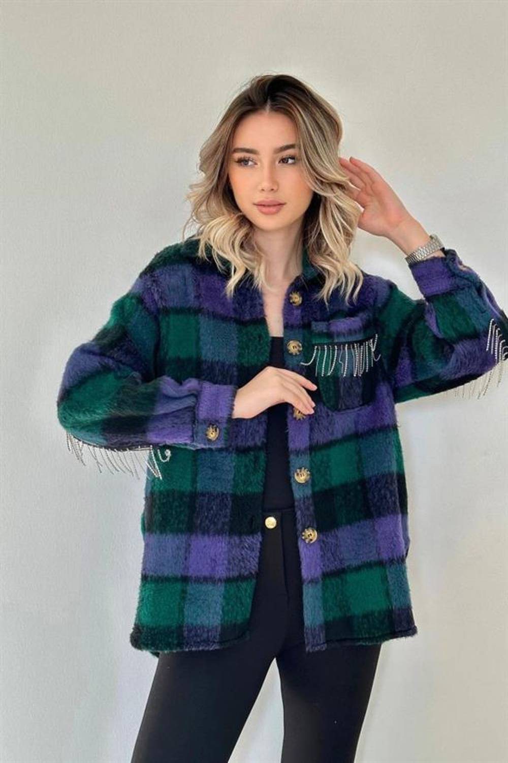 Mor Buklet Cepli Zincir Taşlı Gömlek