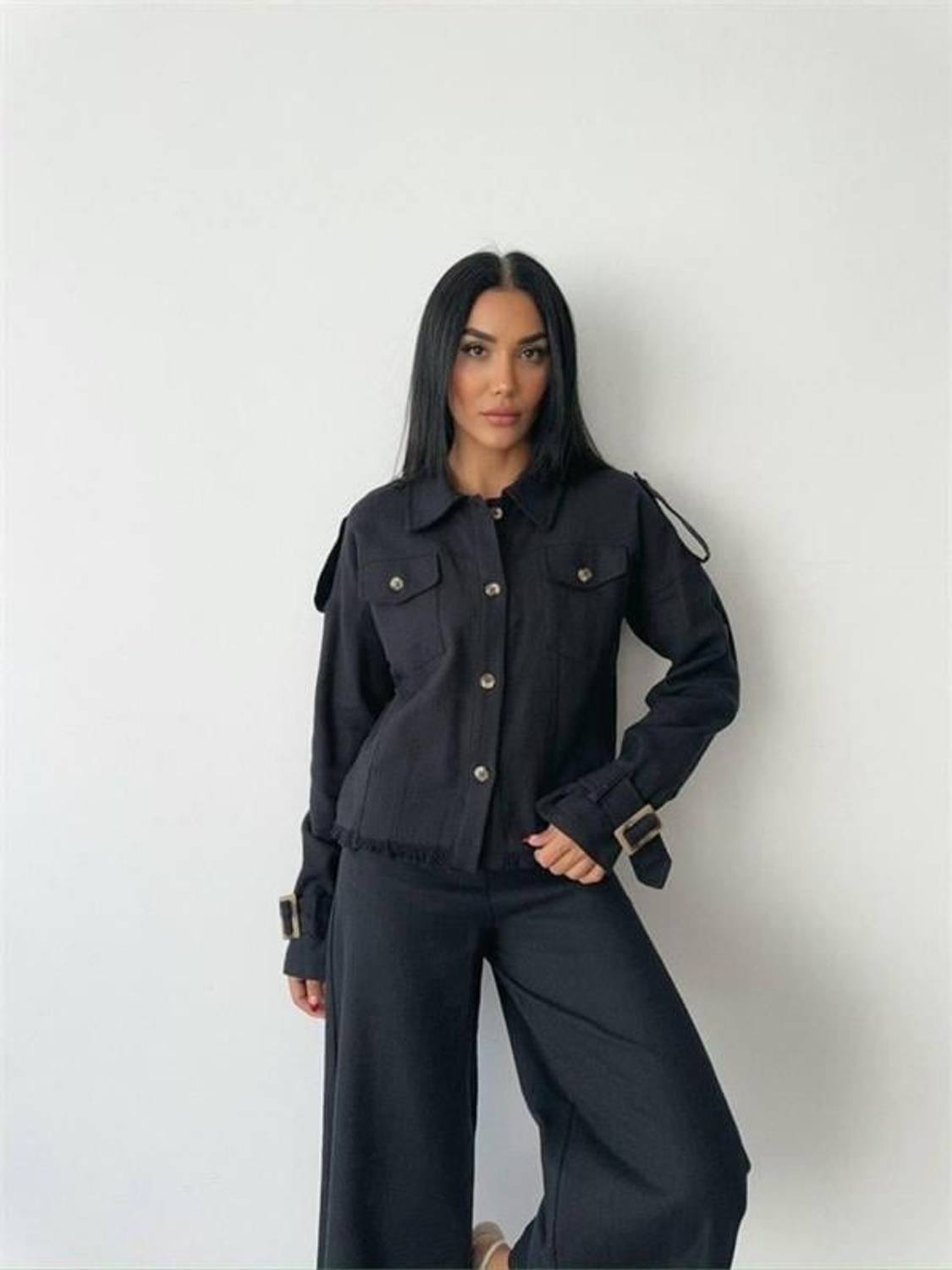 KETEN PÜSKÜL DETAYLI GÖMLEK-PANTOLON TAKIM - Siyah