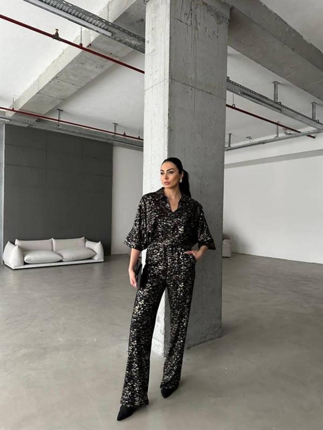 SİYAH ZEMİN VARAKLI BLUZ PANTOLON TAKIM - Gold