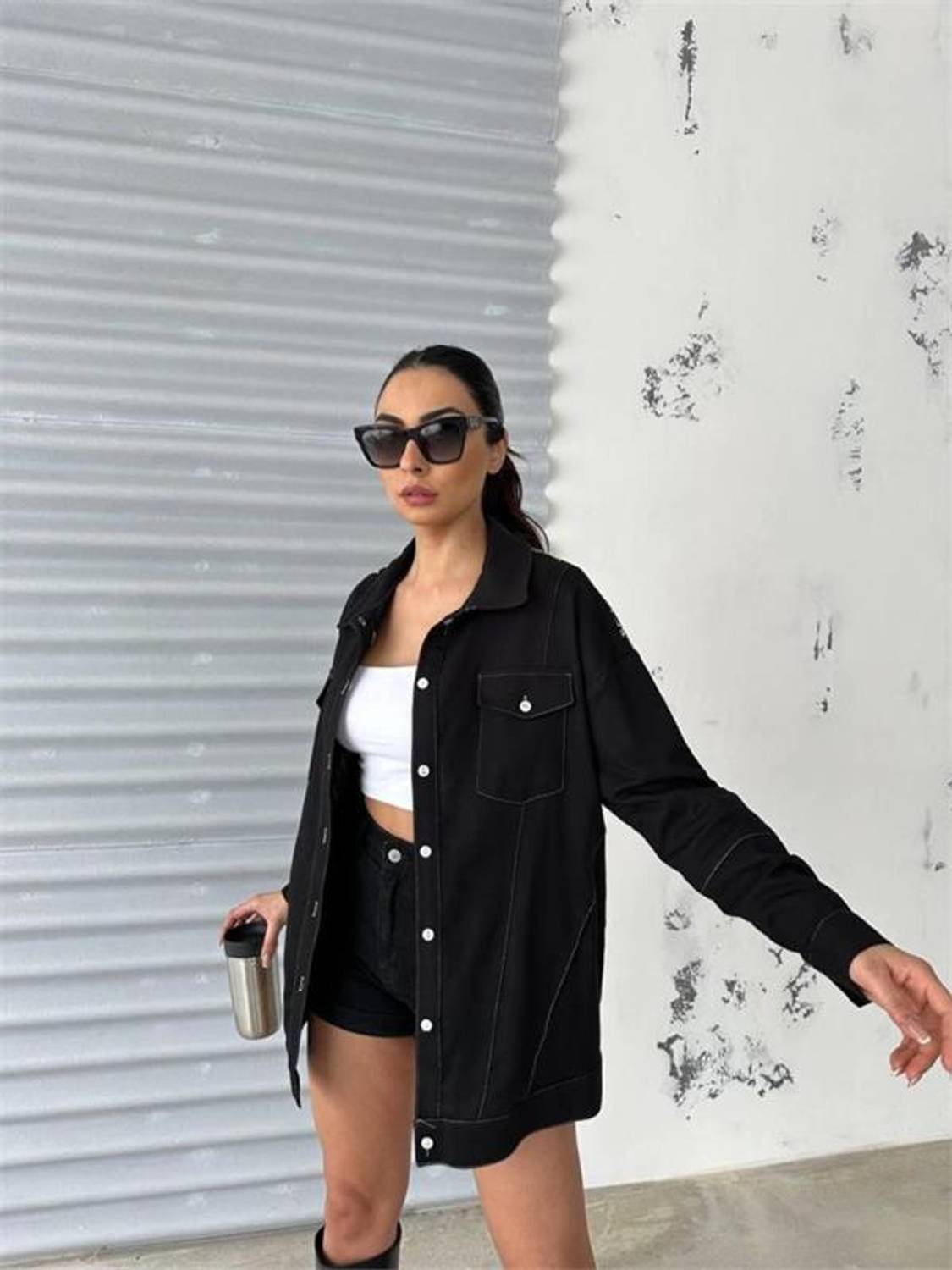 ARKASI NAKIŞLI GÖMLEK - Siyah