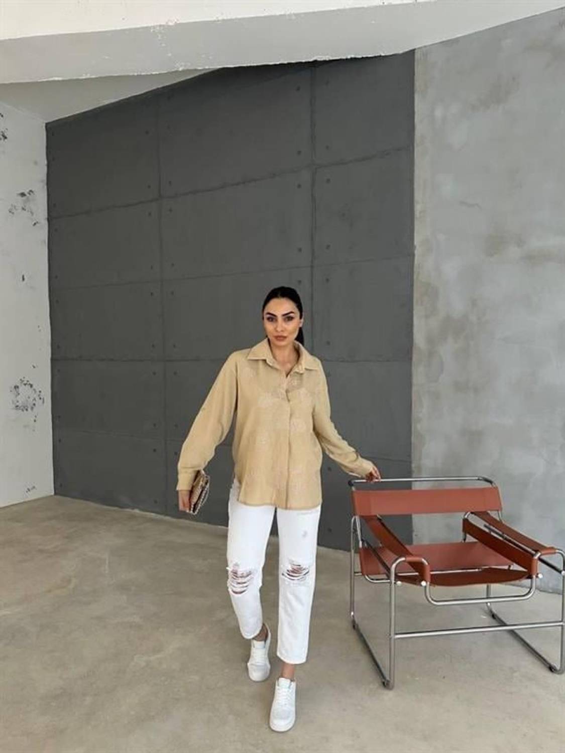 NAKIŞLI HAM KETEN GÖMLEK - Vizon