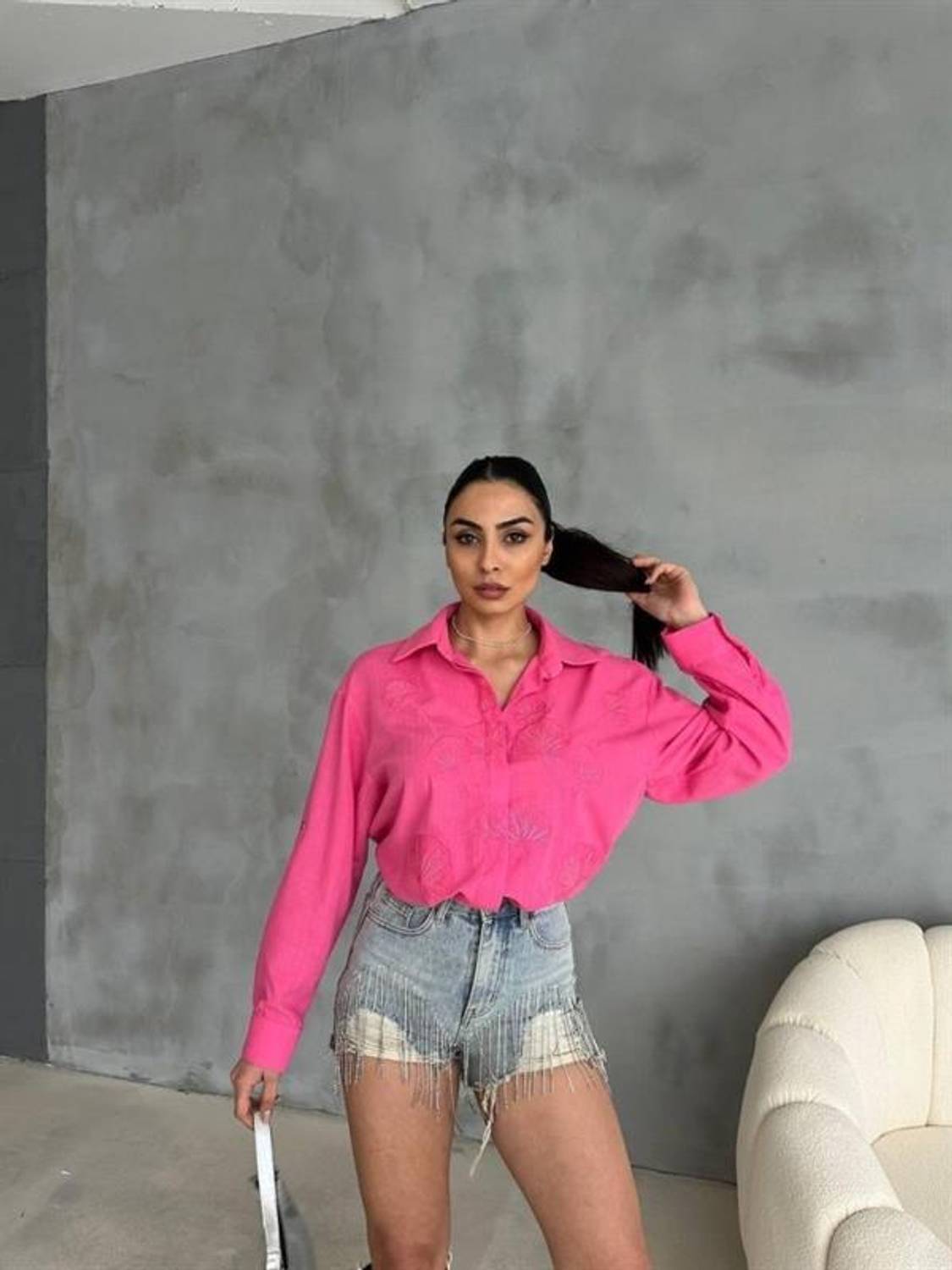 NAKIŞLI HAM KETEN GÖMLEK - Pembe